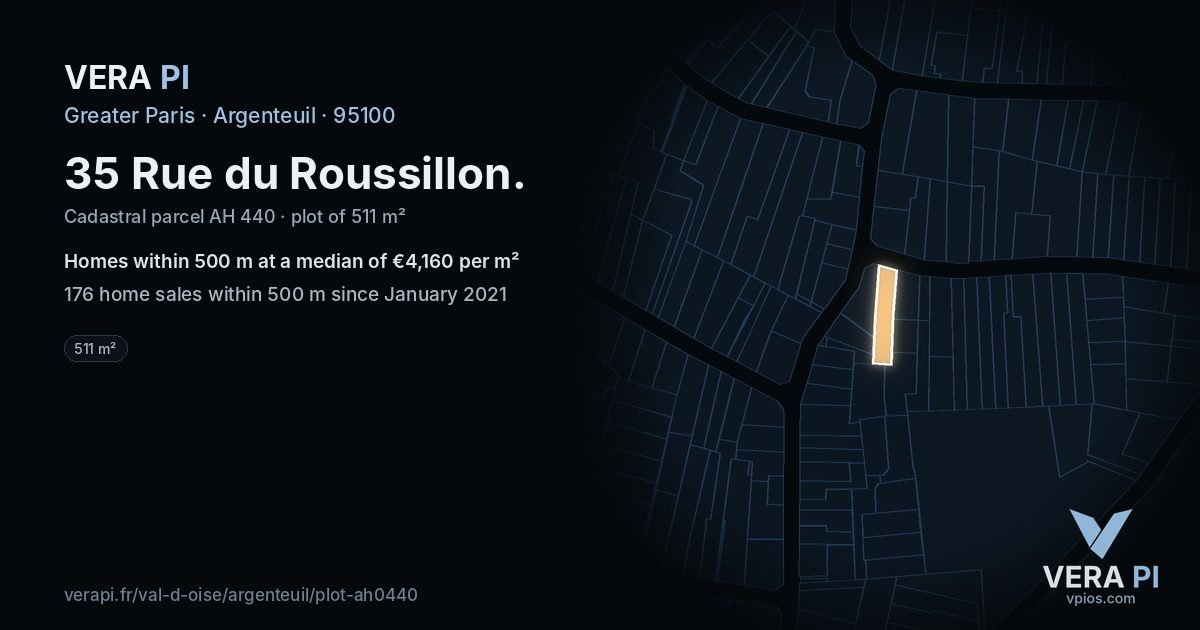 35 Rue du Roussillon, Argenteuil at night – the plot lit, the parcels around coloured by the prices near them