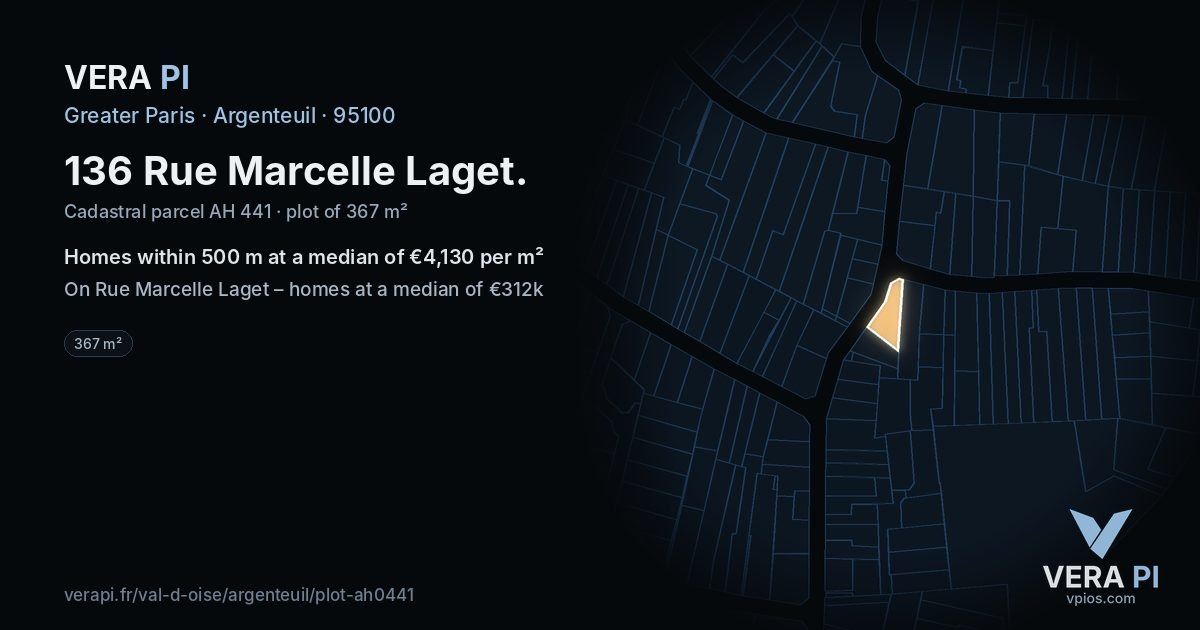 136 Rue Marcelle Laget, Argenteuil at night – the plot lit, the parcels around coloured by the prices near them