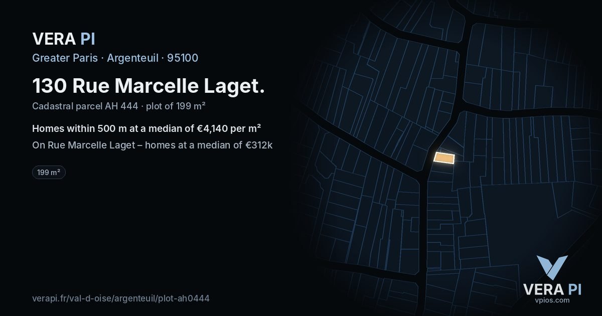130 Rue Marcelle Laget, Argenteuil at night – the plot lit, the parcels around coloured by the prices near them