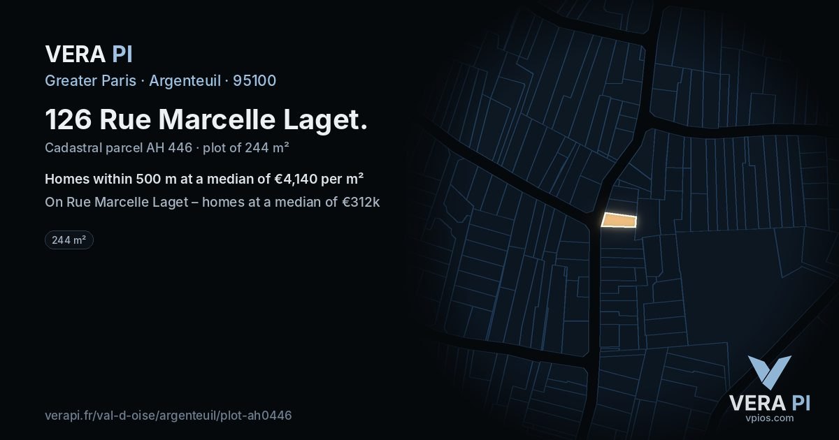 126 Rue Marcelle Laget, Argenteuil at night – the plot lit, the parcels around coloured by the prices near them