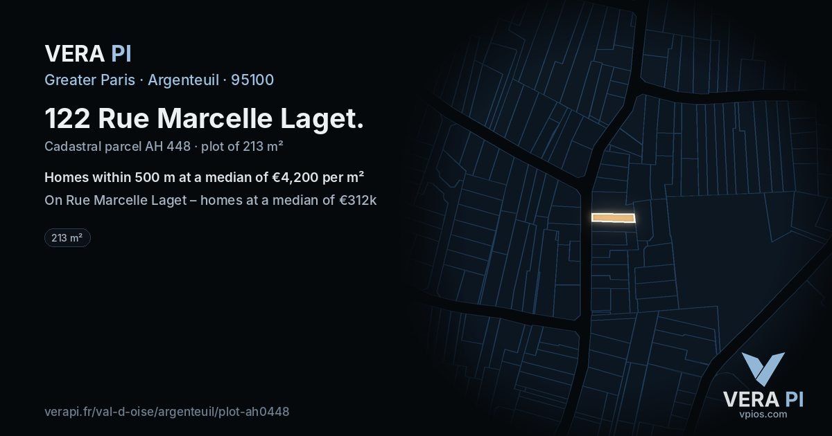 122 Rue Marcelle Laget, Argenteuil at night – the plot lit, the parcels around coloured by the prices near them