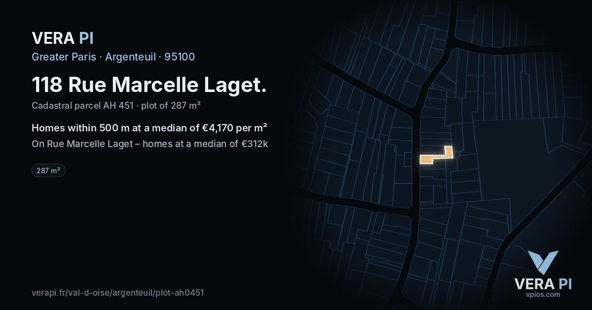 118 Rue Marcelle Laget, Argenteuil at night – the plot lit, the parcels around coloured by the prices near them