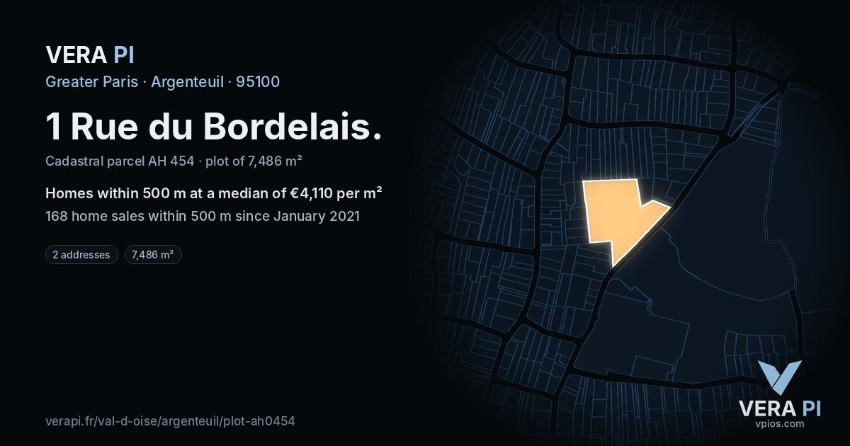 1 Rue du Bordelais, Argenteuil at night – the plot lit, the parcels around coloured by the prices near them