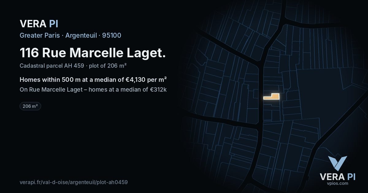 116 Rue Marcelle Laget, Argenteuil at night – the plot lit, the parcels around coloured by the prices near them
