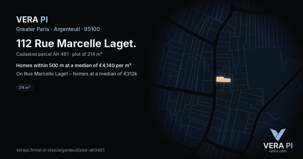 112 Rue Marcelle Laget, Argenteuil at night – the plot lit, the parcels around coloured by the prices near them
