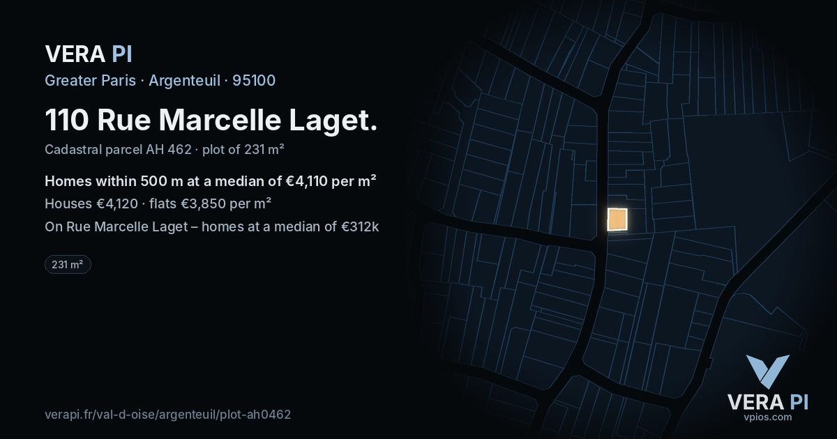 110 Rue Marcelle Laget, Argenteuil at night – the plot lit, the parcels around coloured by the prices near them