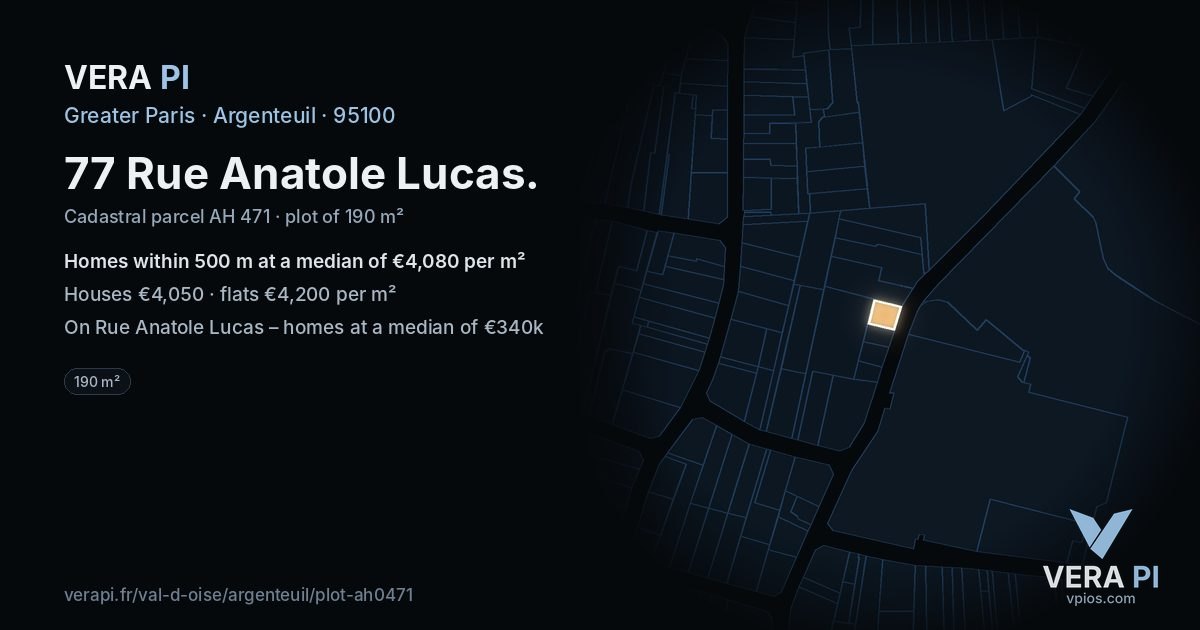 77 Rue Anatole Lucas, Argenteuil at night – the plot lit, the parcels around coloured by the prices near them