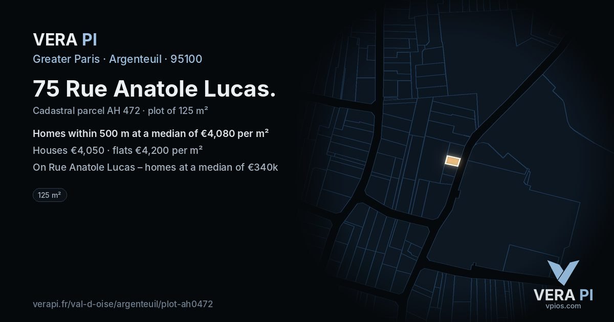 75 Rue Anatole Lucas, Argenteuil at night – the plot lit, the parcels around coloured by the prices near them