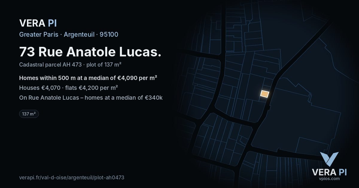 73 Rue Anatole Lucas, Argenteuil at night – the plot lit, the parcels around coloured by the prices near them