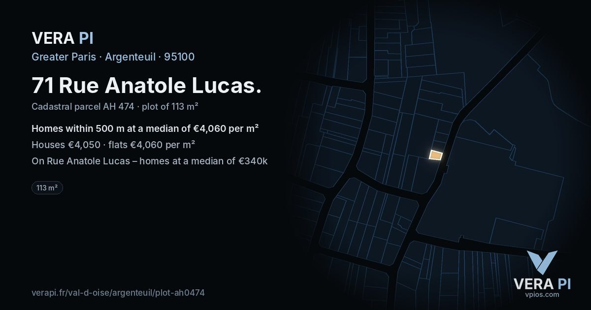 71 Rue Anatole Lucas, Argenteuil at night – the plot lit, the parcels around coloured by the prices near them