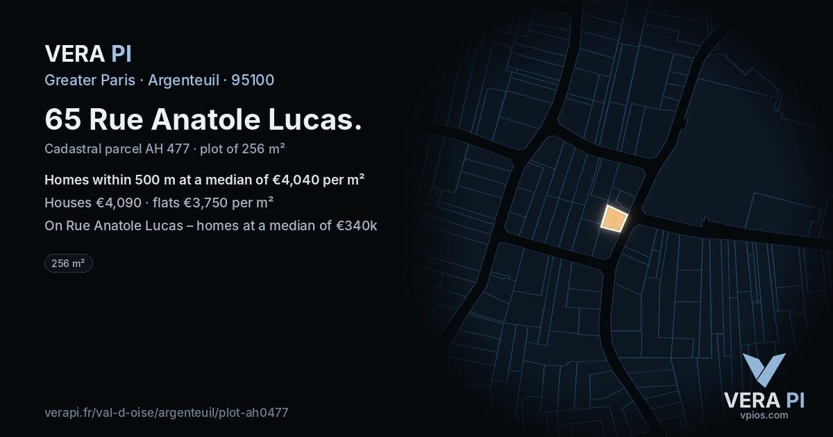 65 Rue Anatole Lucas, Argenteuil at night – the plot lit, the parcels around coloured by the prices near them