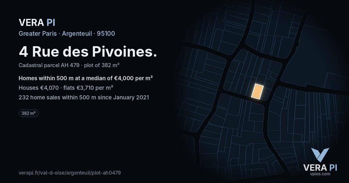 4 Rue des Pivoines, Argenteuil at night – the plot lit, the parcels around coloured by the prices near them