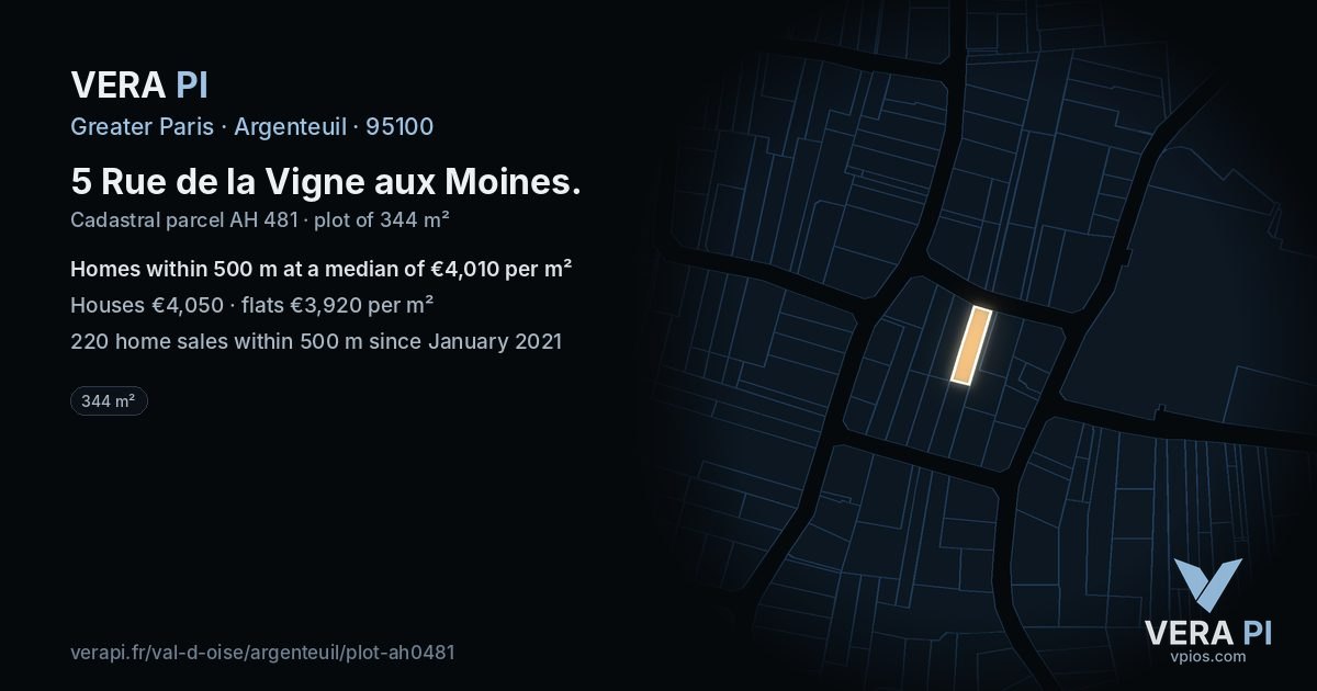 5 Rue de la Vigne aux Moines, Argenteuil at night – the plot lit, the parcels around coloured by the prices near them