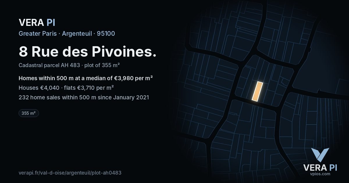 8 Rue des Pivoines, Argenteuil at night – the plot lit, the parcels around coloured by the prices near them