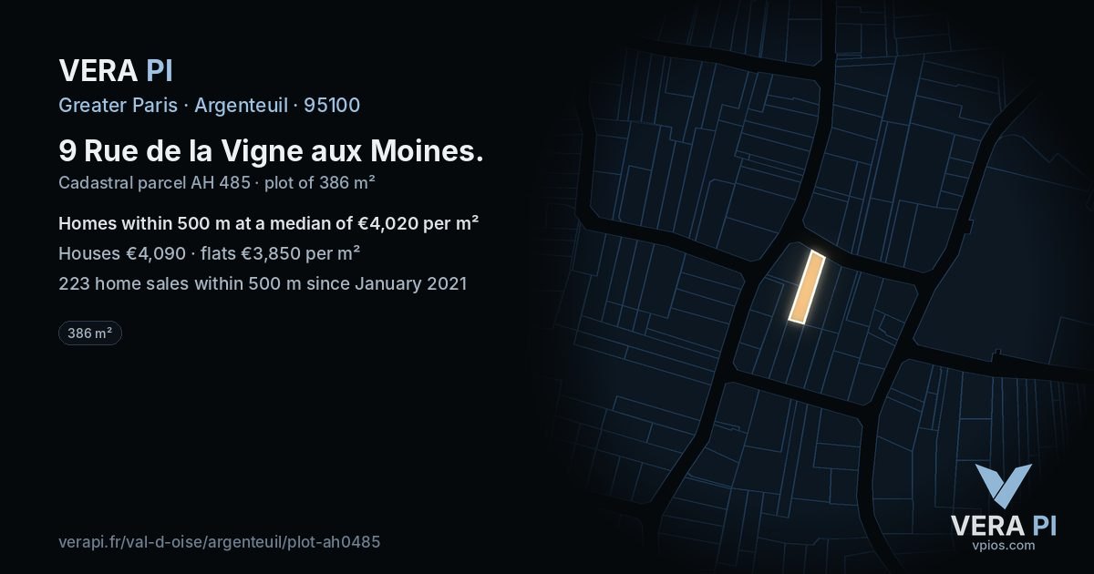 9 Rue de la Vigne aux Moines, Argenteuil at night – the plot lit, the parcels around coloured by the prices near them