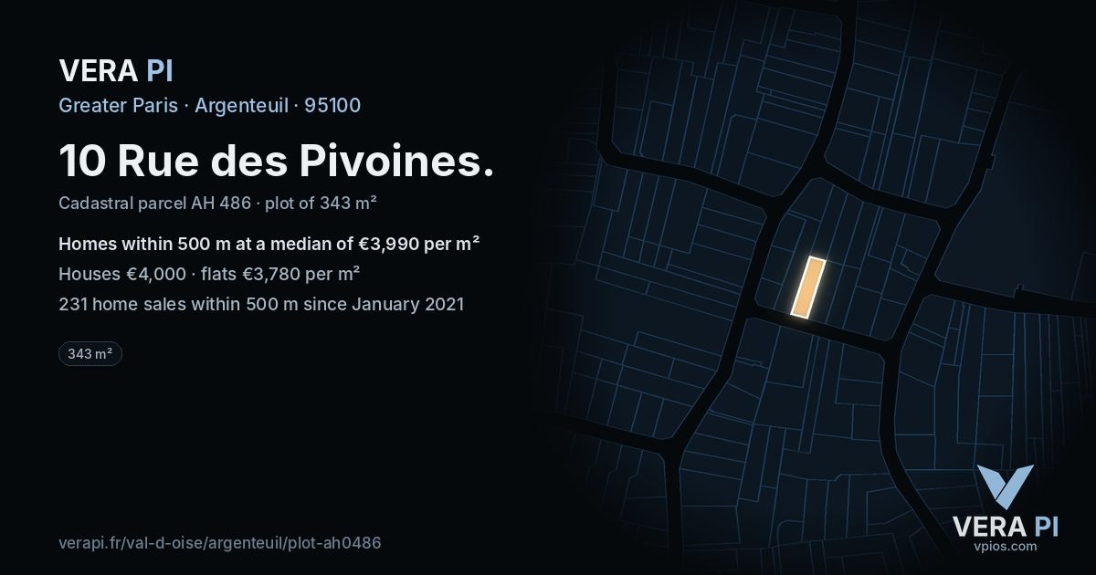 10 Rue des Pivoines, Argenteuil at night – the plot lit, the parcels around coloured by the prices near them