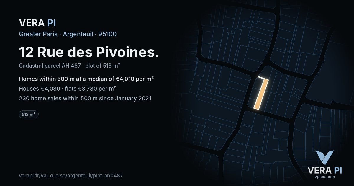 12 Rue des Pivoines, Argenteuil at night – the plot lit, the parcels around coloured by the prices near them