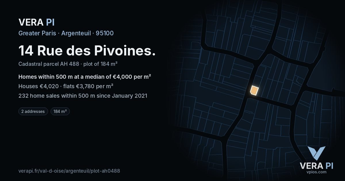14 Rue des Pivoines, Argenteuil at night – the plot lit, the parcels around coloured by the prices near them