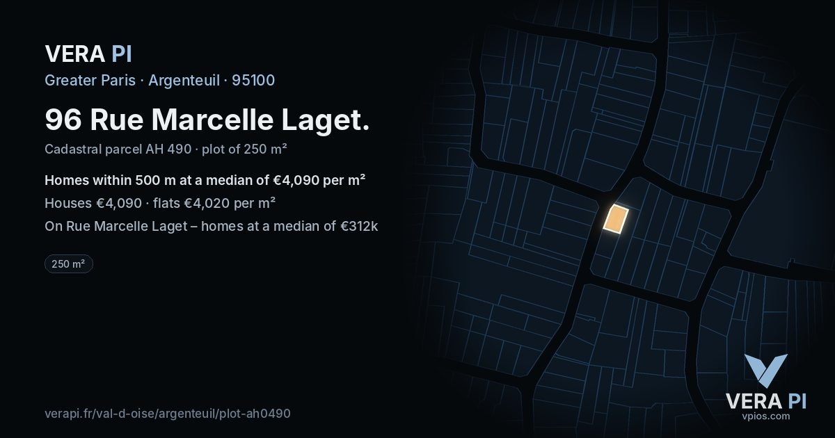 96 Rue Marcelle Laget, Argenteuil at night – the plot lit, the parcels around coloured by the prices near them