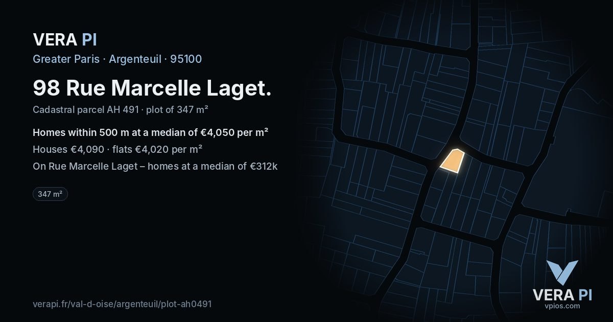 98 Rue Marcelle Laget, Argenteuil at night – the plot lit, the parcels around coloured by the prices near them