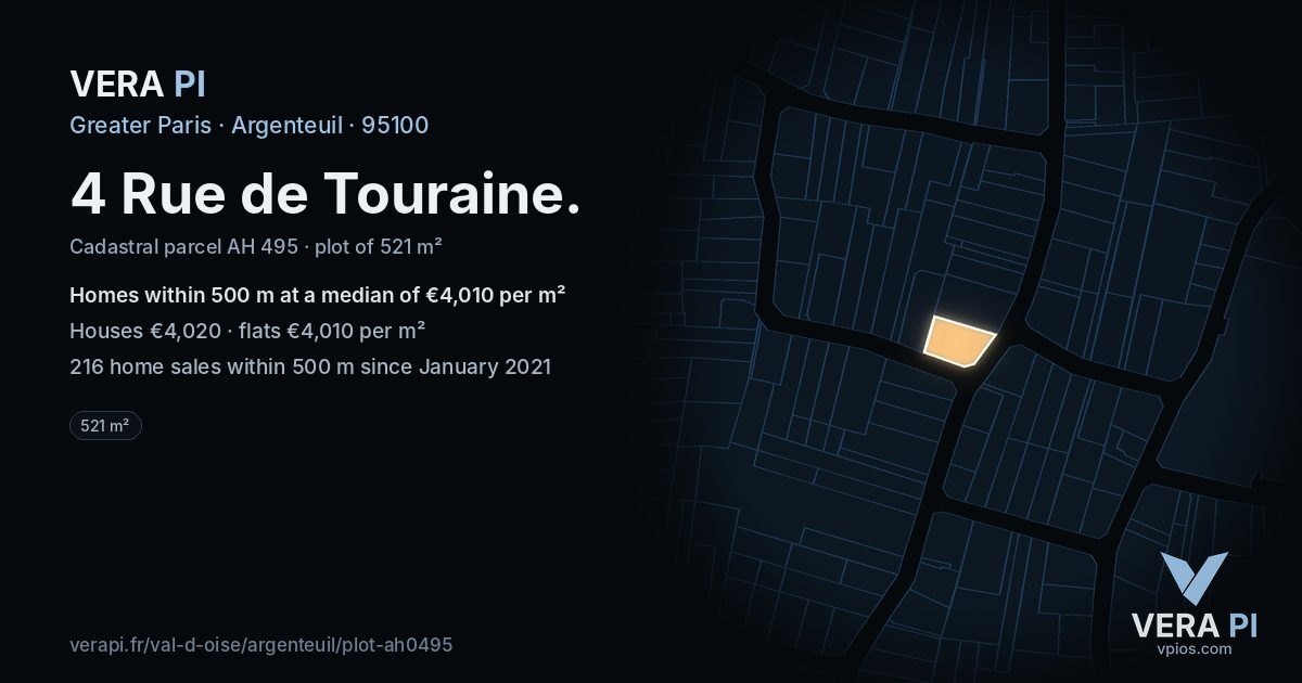 4 Rue de Touraine, Argenteuil at night – the plot lit, the parcels around coloured by the prices near them