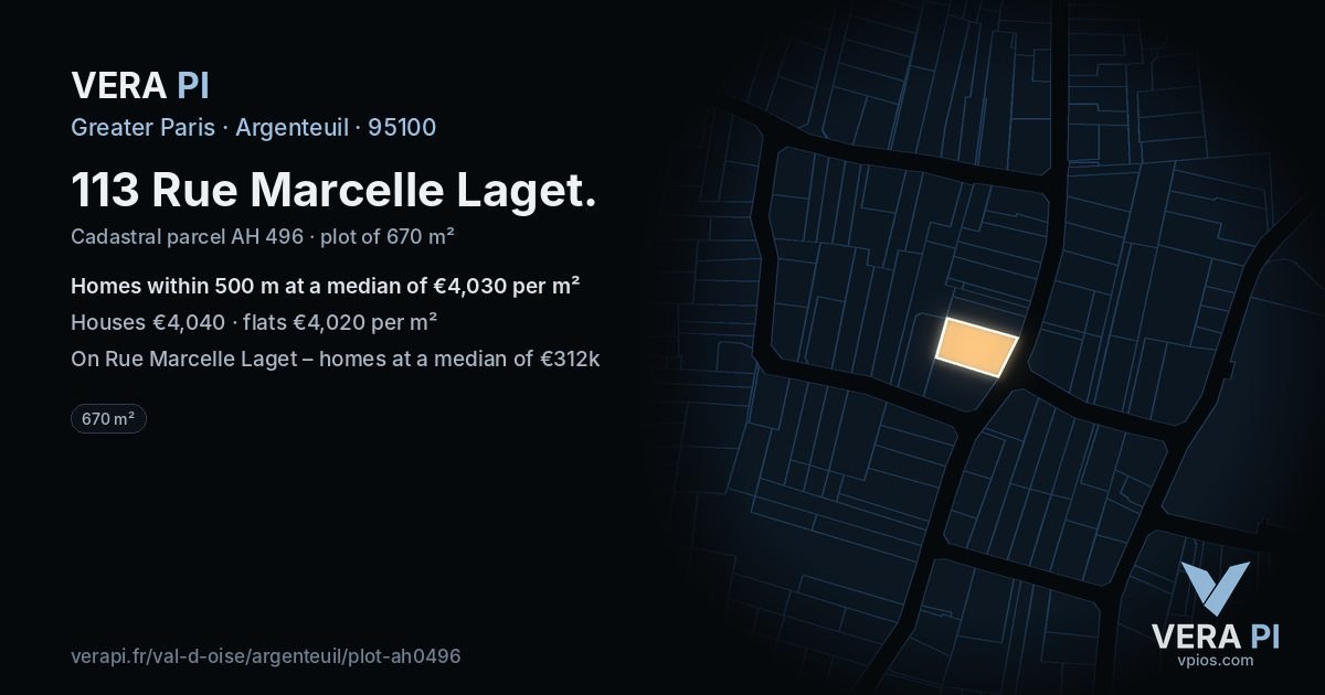 113 Rue Marcelle Laget, Argenteuil at night – the plot lit, the parcels around coloured by the prices near them