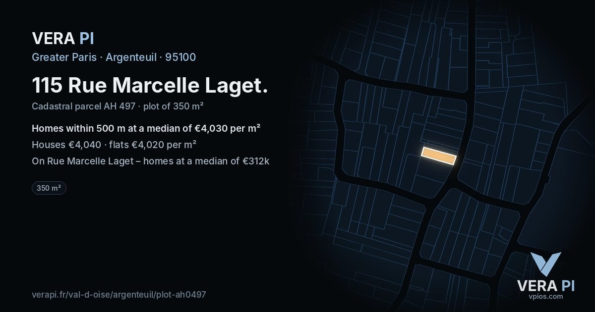 115 Rue Marcelle Laget, Argenteuil at night – the plot lit, the parcels around coloured by the prices near them