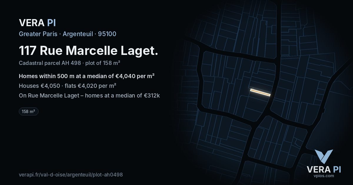 117 Rue Marcelle Laget, Argenteuil at night – the plot lit, the parcels around coloured by the prices near them
