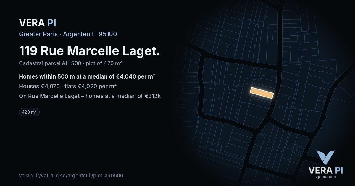 119 Rue Marcelle Laget, Argenteuil at night – the plot lit, the parcels around coloured by the prices near them