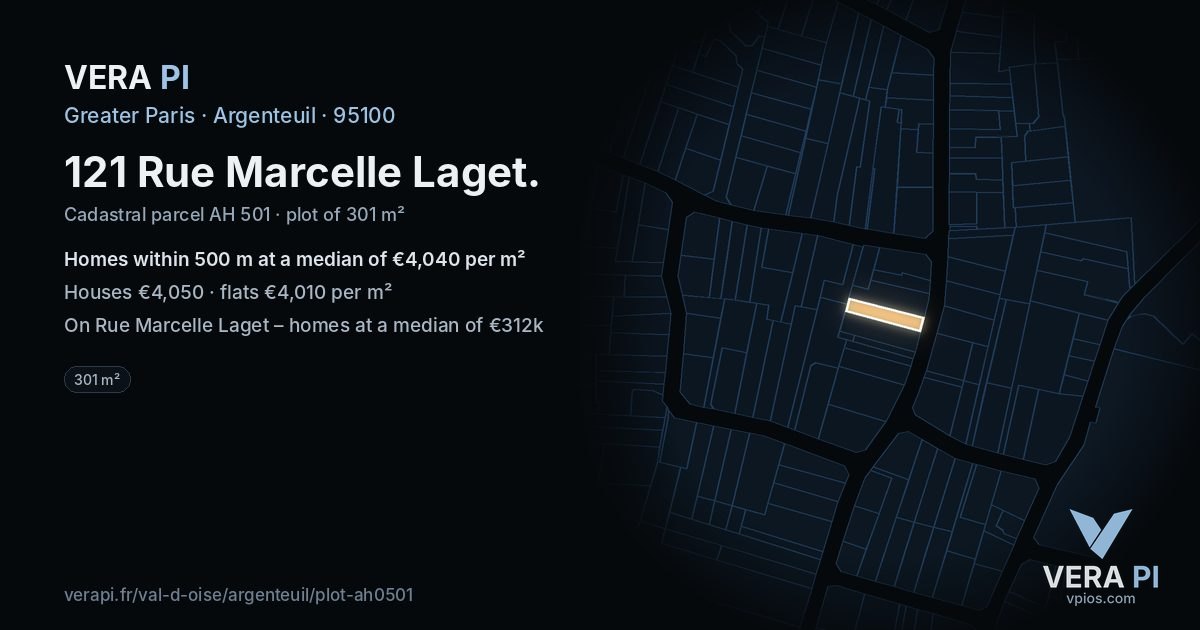 121 Rue Marcelle Laget, Argenteuil at night – the plot lit, the parcels around coloured by the prices near them