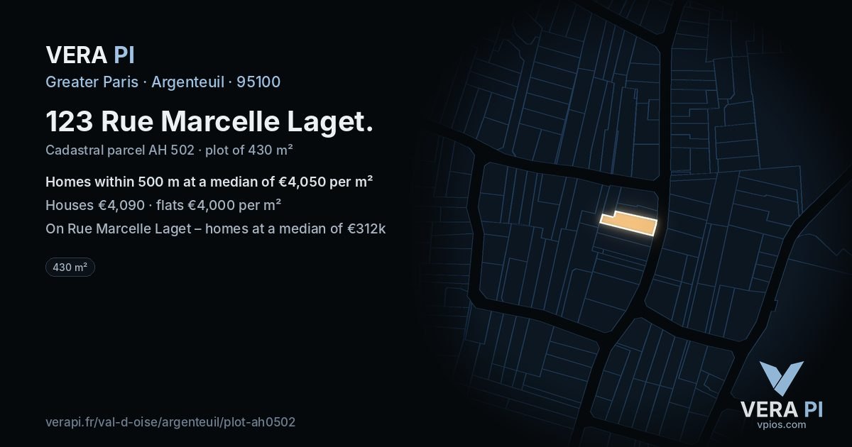 123 Rue Marcelle Laget, Argenteuil at night – the plot lit, the parcels around coloured by the prices near them