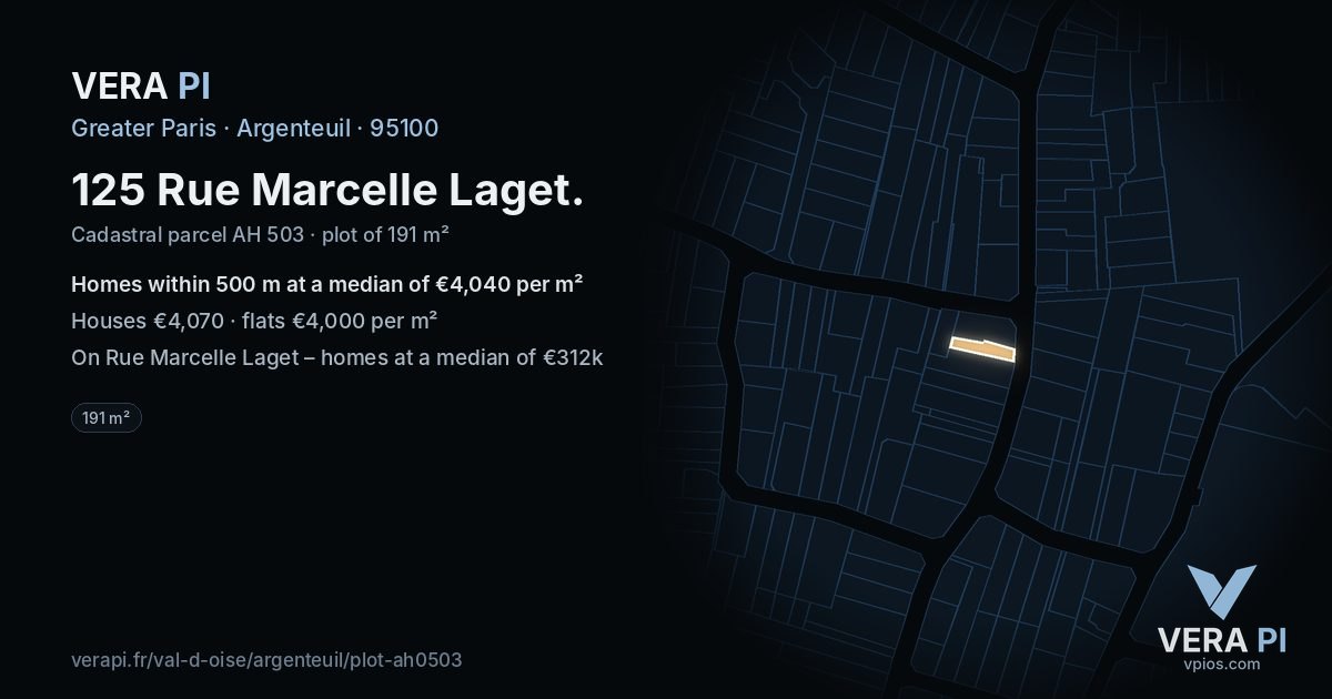 125 Rue Marcelle Laget, Argenteuil at night – the plot lit, the parcels around coloured by the prices near them