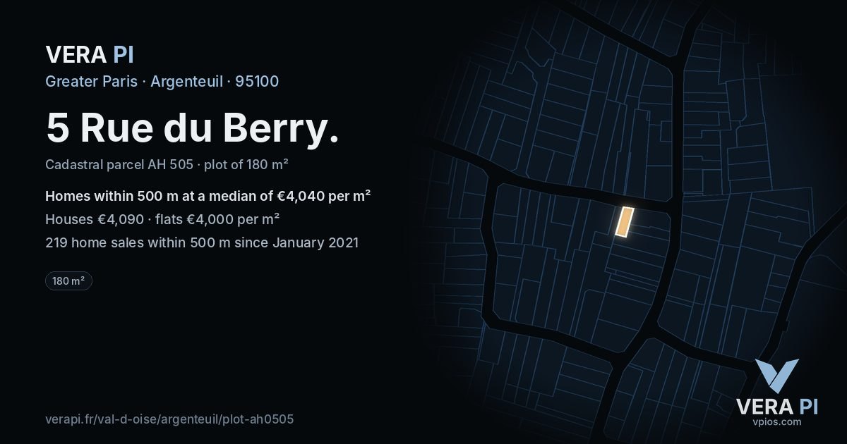 5 Rue du Berry, Argenteuil at night – the plot lit, the parcels around coloured by the prices near them