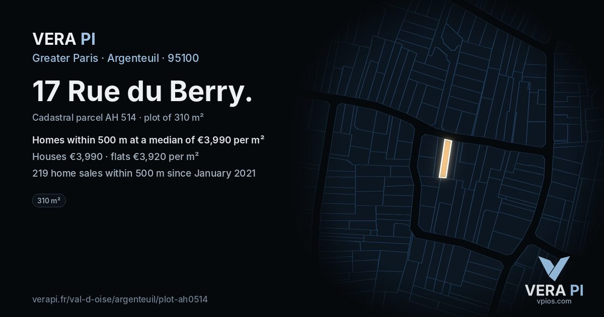 17 Rue du Berry, Argenteuil at night – the plot lit, the parcels around coloured by the prices near them