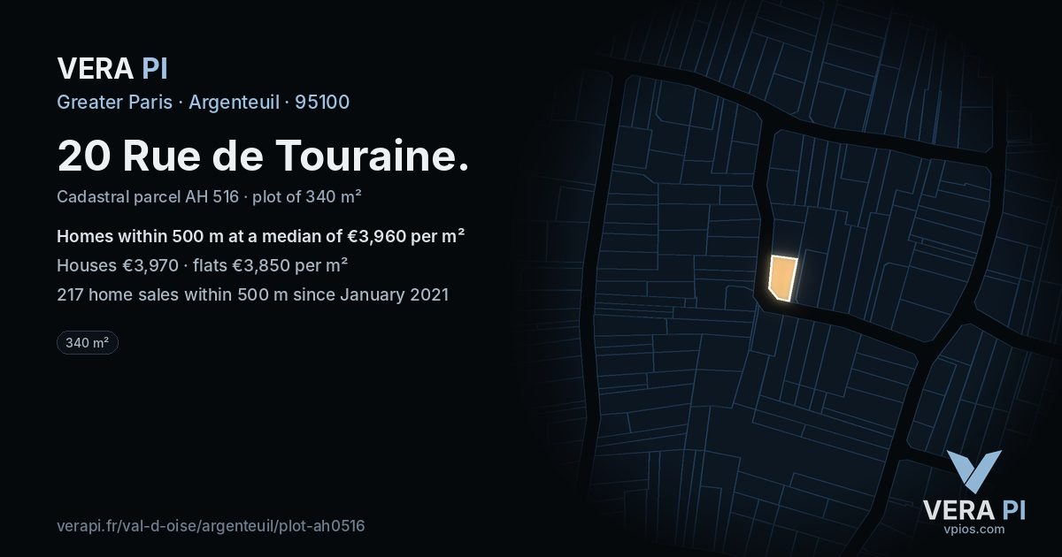 20 Rue de Touraine, Argenteuil at night – the plot lit, the parcels around coloured by the prices near them