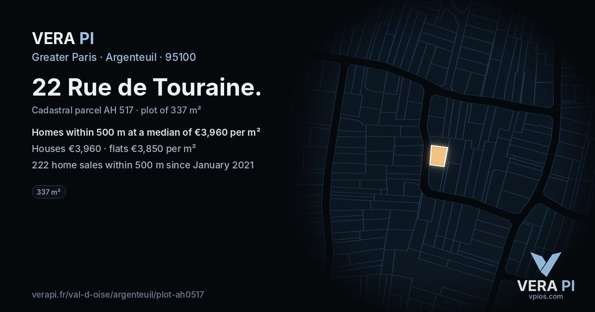 22 Rue de Touraine, Argenteuil at night – the plot lit, the parcels around coloured by the prices near them