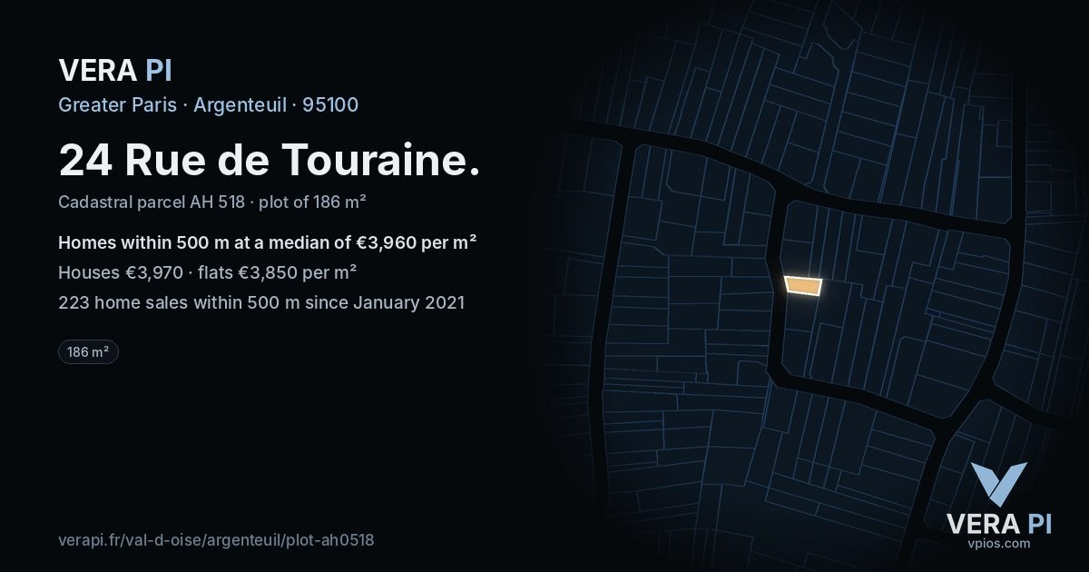 24 Rue de Touraine, Argenteuil at night – the plot lit, the parcels around coloured by the prices near them