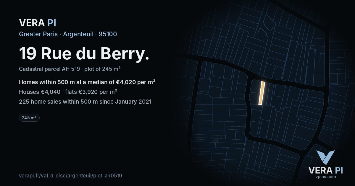 19 Rue du Berry, Argenteuil at night – the plot lit, the parcels around coloured by the prices near them