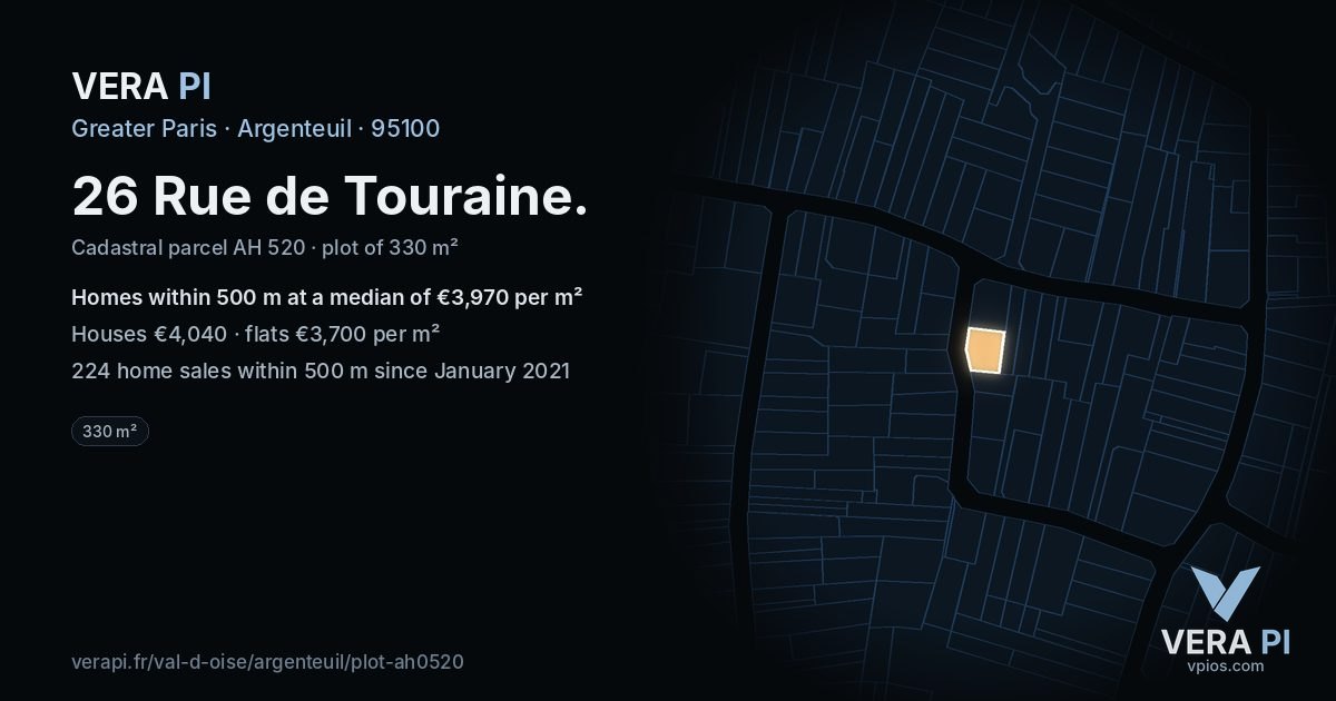 26 Rue de Touraine, Argenteuil at night – the plot lit, the parcels around coloured by the prices near them