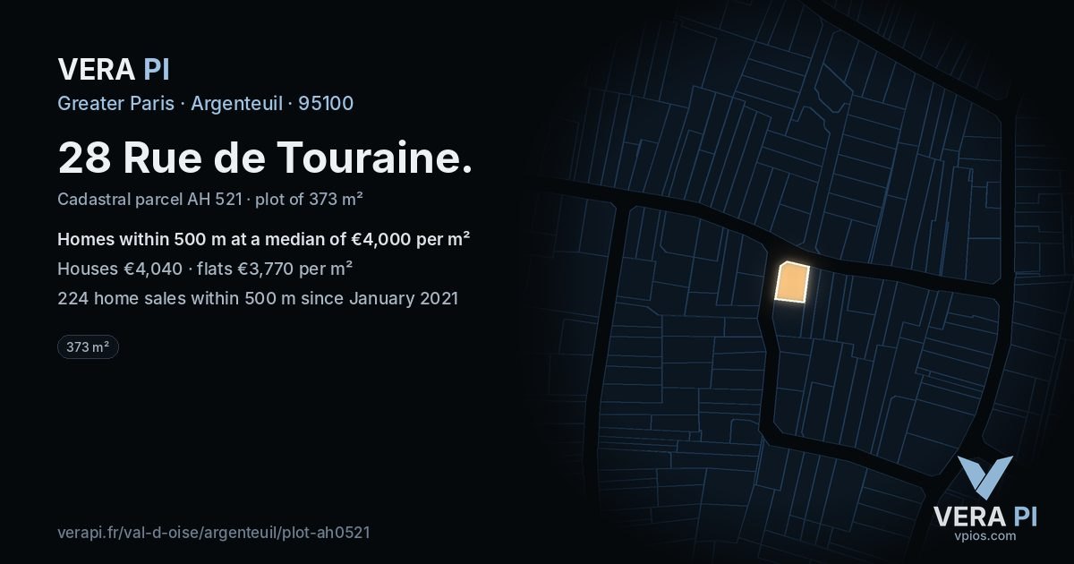 28 Rue de Touraine, Argenteuil at night – the plot lit, the parcels around coloured by the prices near them