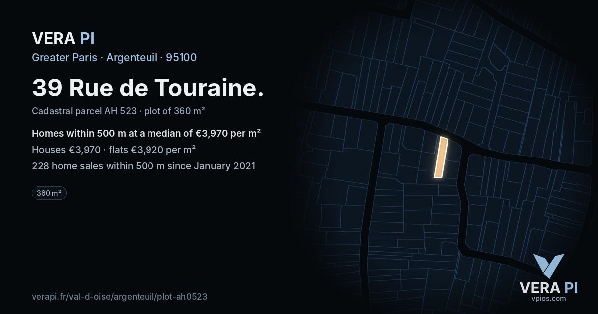 39 Rue de Touraine, Argenteuil at night – the plot lit, the parcels around coloured by the prices near them
