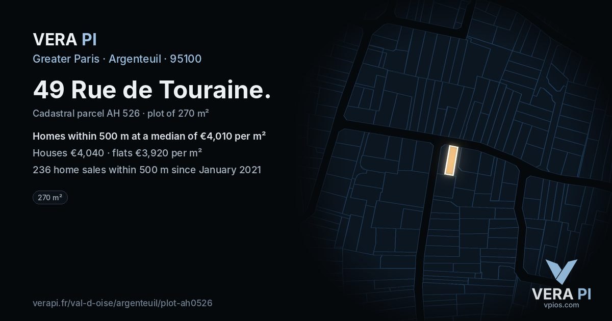 49 Rue de Touraine, Argenteuil at night – the plot lit, the parcels around coloured by the prices near them