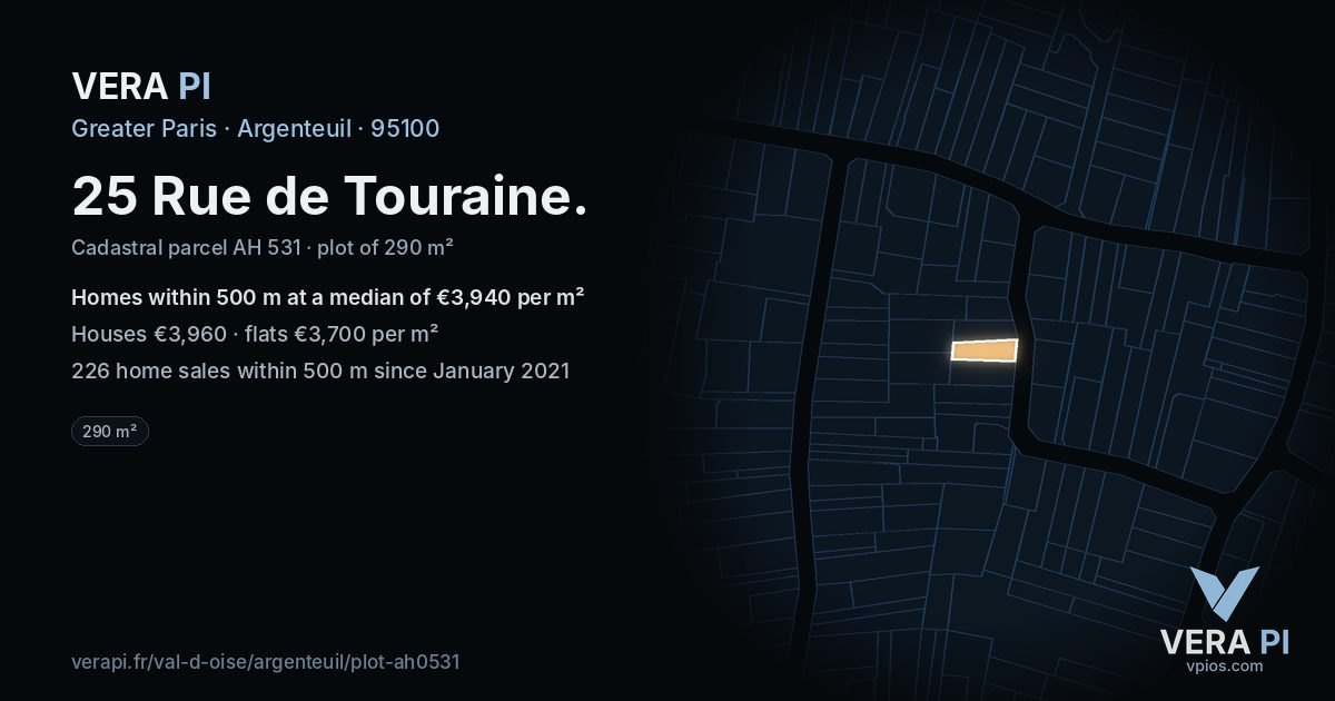 25 Rue de Touraine, Argenteuil at night – the plot lit, the parcels around coloured by the prices near them