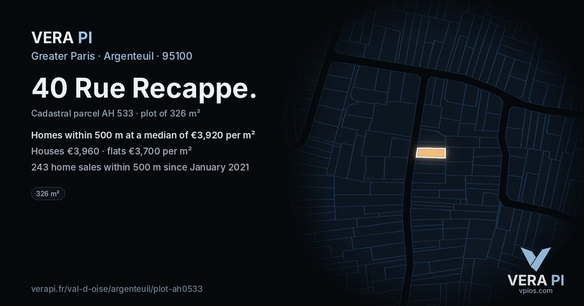 40 Rue Recappe, Argenteuil at night – the plot lit, the parcels around coloured by the prices near them