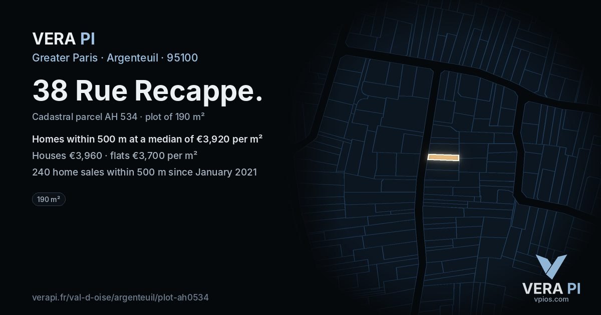 38 Rue Recappe, Argenteuil at night – the plot lit, the parcels around coloured by the prices near them