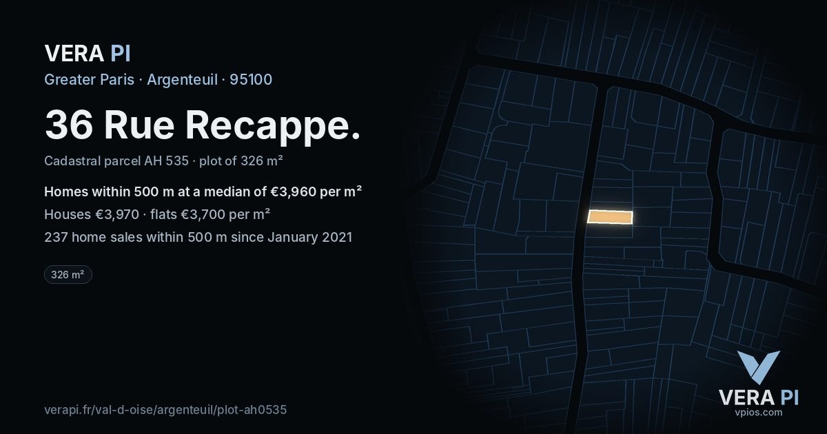 36 Rue Recappe, Argenteuil at night – the plot lit, the parcels around coloured by the prices near them