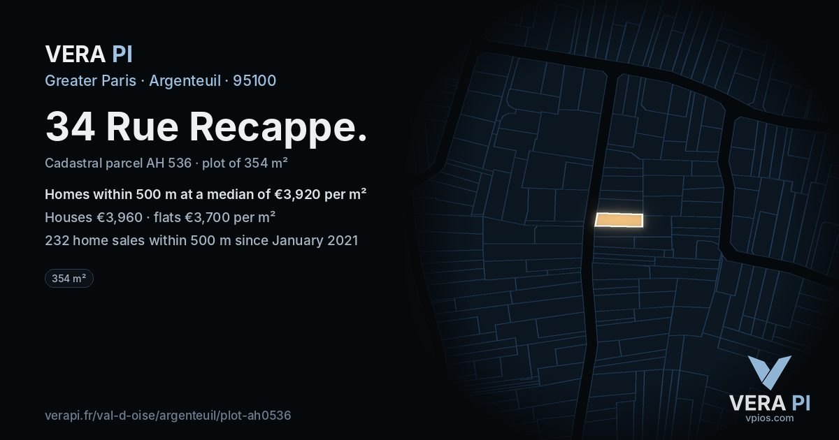 34 Rue Recappe, Argenteuil at night – the plot lit, the parcels around coloured by the prices near them