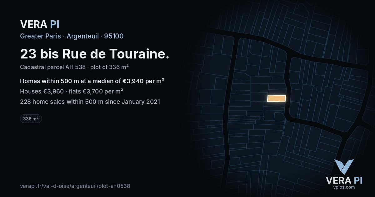23 bis Rue de Touraine, Argenteuil at night – the plot lit, the parcels around coloured by the prices near them