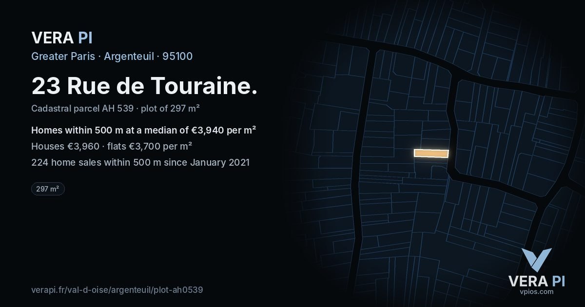 23 Rue de Touraine, Argenteuil at night – the plot lit, the parcels around coloured by the prices near them
