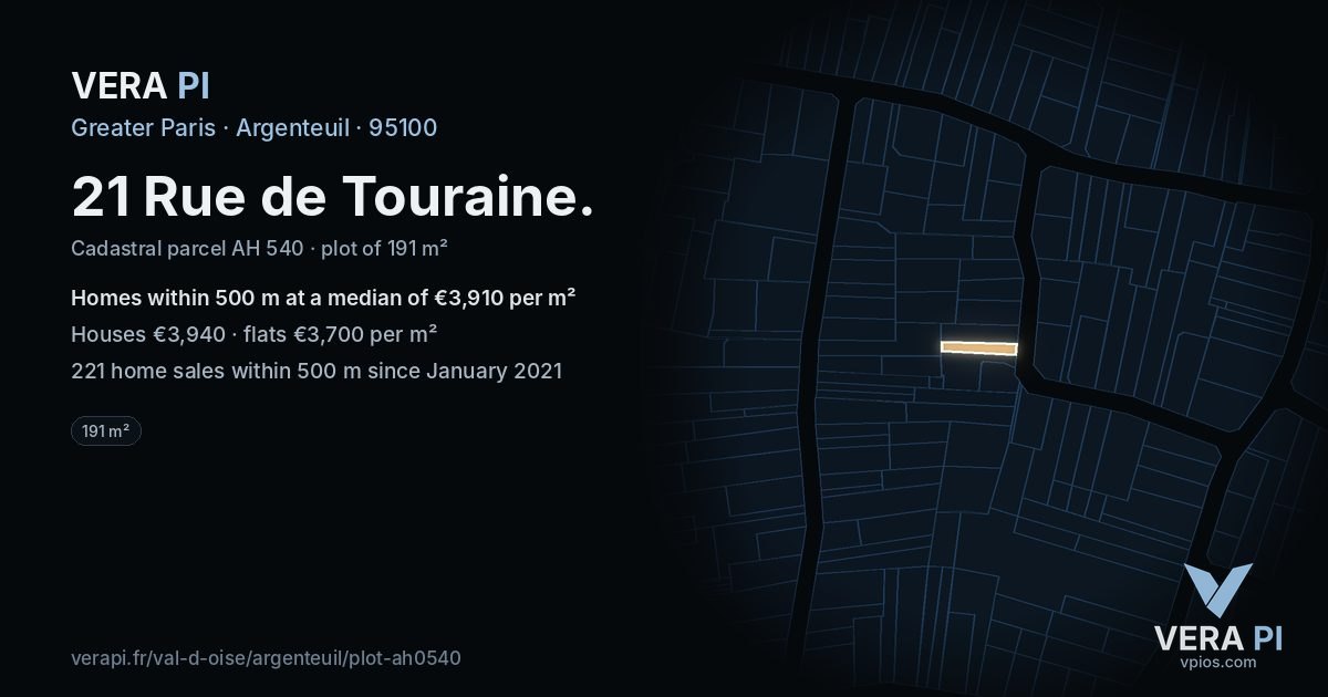 21 Rue de Touraine, Argenteuil at night – the plot lit, the parcels around coloured by the prices near them